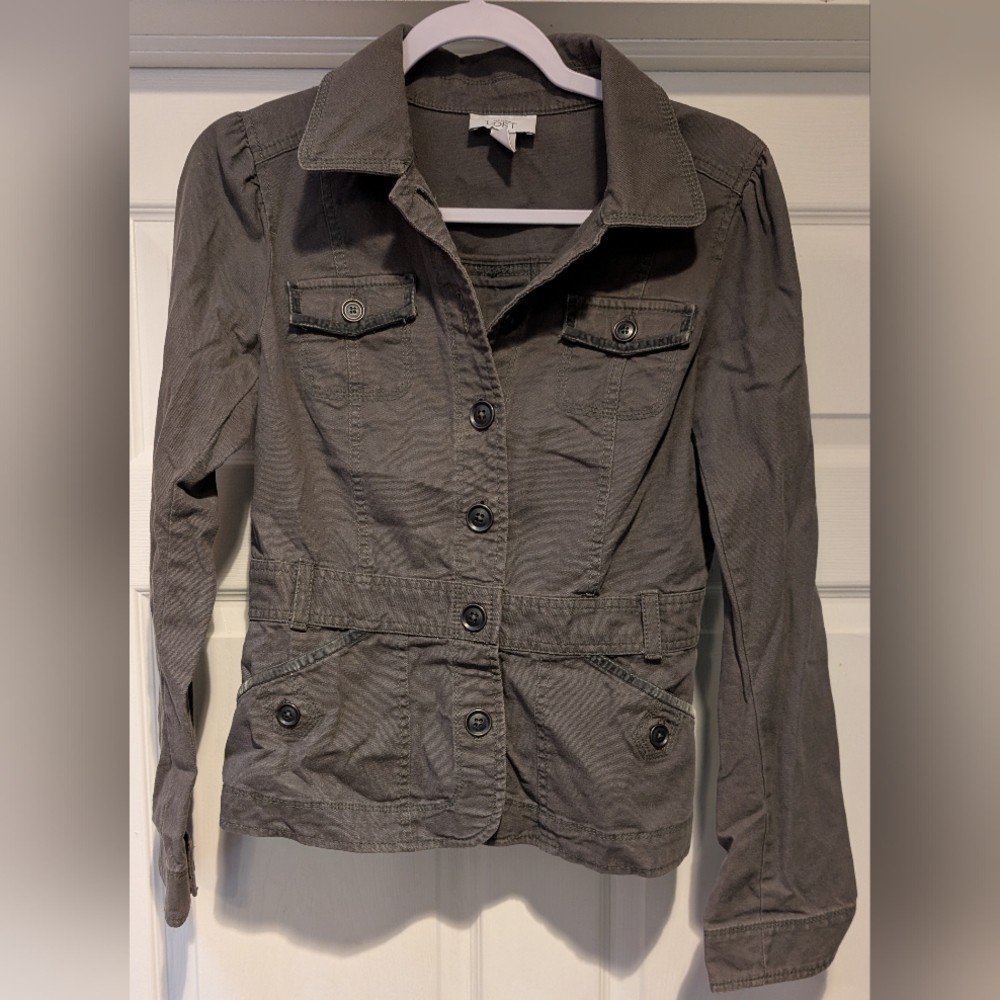 Ann Taylor Loft Women's Greenish Gray Utility Jacket Size Large 97% Cotton EUC
